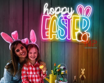 Happy Easter Neon Sign Easter Decor Sign Bunny Eggs Wall Decor Bunny Easter Eggs Sign Personalized Gift Happy Easter Gift Easter Home Decor
