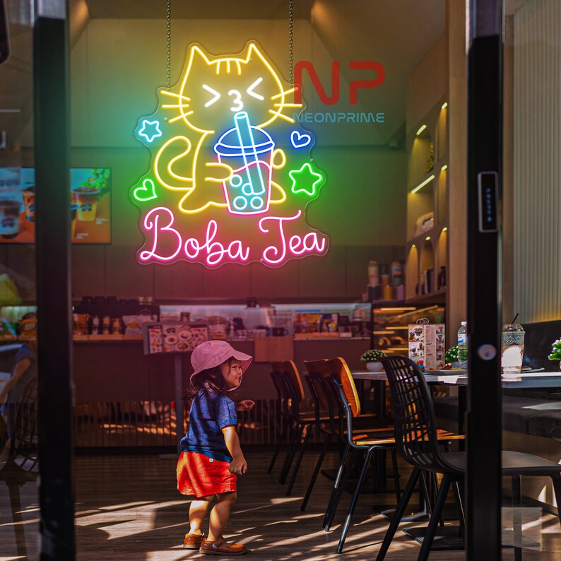 Cute Cat Drinking Boba Tea Neon Sign Bubble Tea Neon Light Milk Tea ...