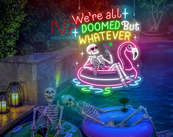 „Wir sind alle dem Untergang geweiht, aber egal“-LED-Neonschild, Skelett-Flamingo-Deko, Halloween-Wandleuchte, gruselige Bar-Deko, lustiges Halloween-Partyschild