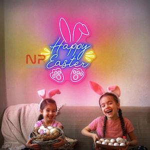 Letrero de neón de Feliz Pascua, regalo de Feliz Pascua, decoración del hogar de Pascua, letrero de decoración de Pascua, decoración de pared con huevos de conejo, letrero de huevos de Pascua de conejo, regalo personalizado
