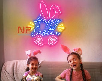 Happy Easter Neon Sign Happy Easter Gift Easter Home Decor Easter Decor Sign Bunny Eggs Wall Decor Bunny Easter Eggs Sign Personalized Gift