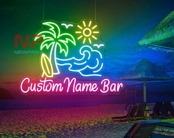 Benutzerdefinierte Name Beach Bar Leuchtreklame, personalisierte Lounge Decor, Tropische Party LED-Licht, Home Tiki Bar Geschenk, Surfen und Palme Neon Art