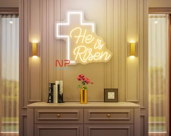 Letrero de neón con cruz de He Is Risen Letrero de neón con cruz Decoración de pared de Feliz Pascua Luz de neón con cruz cristiana Letrero de neón con fe religiosa Letrero de neón de Jesús