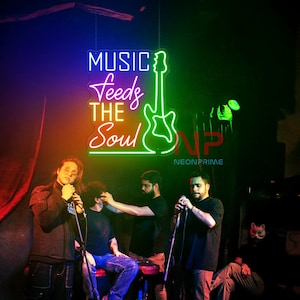 Music Feeds The Soul Neon Sign Custom Music Neon Sign Guitar Decor Wall Music Room Decor Bar Neon sign Music Studio Decor Guitar Player Gift