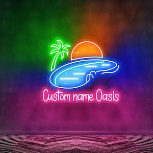 May include: Neon sign with a pool, palm tree, and sunset design. The sign is outlined in blue and white, with a pink text that reads "Custom name Oasis". The background is a gradient of green, purple, and orange.