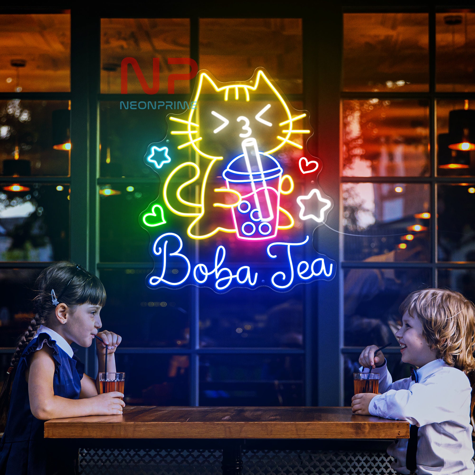 Cute Cat Drinking Boba Tea Neon Sign Bubble Tea Neon Light Milk Tea ...