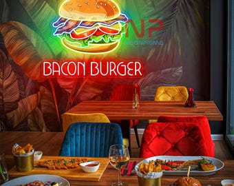 Bacon Burger Neon Sign, Burger Neon Sign, Burger Decor Wall, Restaurant Wall Decor, Custom Neon Sign, Open Neon Sign, Welcome Sign