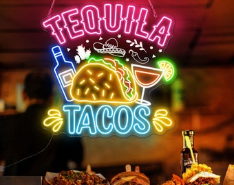 May include: Neon sign with the text "Tequila Tacos" in pink, blue, and yellow. The sign also features a cartoon image of a taco, a margarita, and a bottle of tequila.