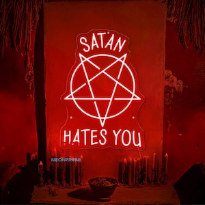 Satan Hates You Pentagram Neon Sign Inverted Pentagram Neon Sign Baphomet Decor Wall Sign Custom Halloween Neon Sign Gothic Dark Decor
