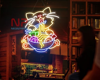 Letrero de neón de ramen de gato, letrero de neón LED de ramen, letrero de ramen japonés, letrero LED de ramen personalizado, letrero de neón de tazón de ramen, letrero de comida japonesa para restaurante