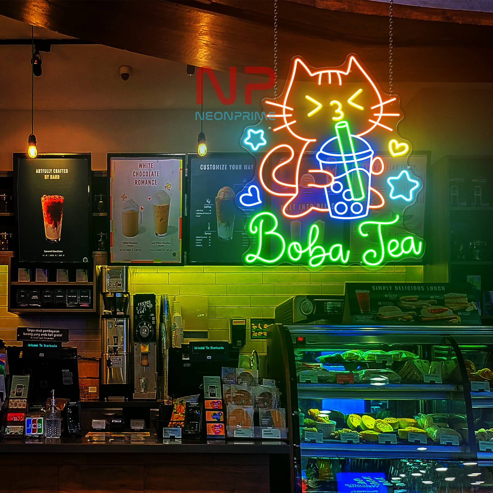 Cute Cat Drinking Boba Tea Neon Sign Bubble Tea Neon Light Milk Tea ...