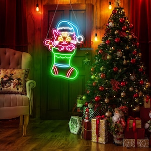 Cat Stocks Christmas Neon Sign, Christmas Neon Lights, Christmas Party Decoration, Christmas Porch Sign Yard, Outdoor Garden Light