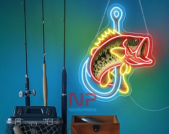Barsch Angeln LED Neon Schild, Angeln Dekor Wandleuchte, Angler Raum Leuchtreklame, Fisch-Liebhaber Geschenk, Sport Angeln Raumdekor, Vatertagsgeschenk