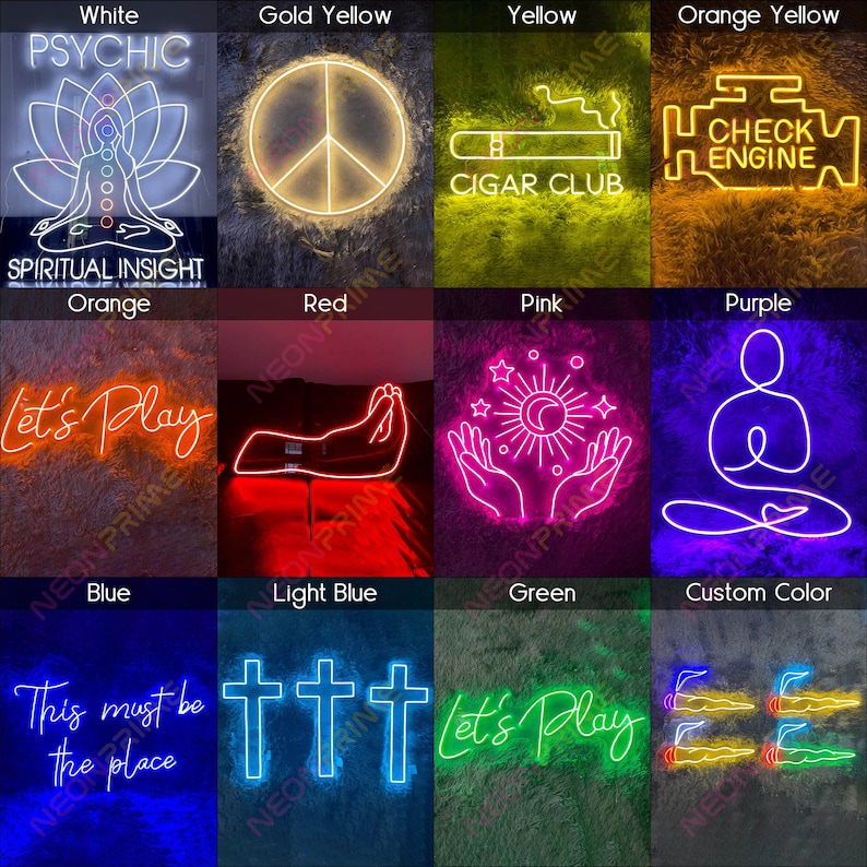 May include: A grid of neon signs in various colours, including white, gold yellow, yellow, orange yellow, orange, red, pink, purple, blue, light blue, green, and custom colour. The signs feature various designs, including a peace sign, a cigar club sign, a check engine sign, a meditating figure, a hand with a sun and moon, a cross, and the words "Let's Play".