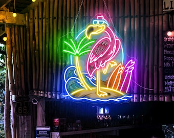 Flamenco Letrero de neón Flamenco Luz de surf Hola Letrero de verano Casa de playa Letrero de neón Piscina Bar Decoración Palmera Letrero Flamenco tropical LED