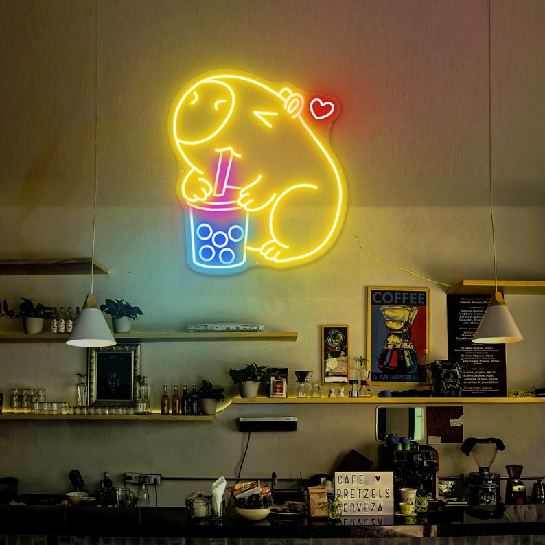 But First Boba Tea Sign, Cappy Neon Light, Cute Capybara Neon Sign ...