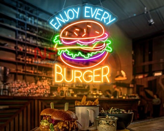 Genieße jedes Burger Neonschild, Burger Neonschild, benutzerdefinierte Leuchtreklame, wasserfestes Neonschild, Fast Food Schild, Burger LED-Schild, Restaurant Dekor