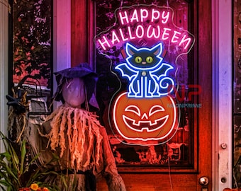 Fröhliches Halloween-Katzen-LED-Neonschild, schwarze Katzen-Kürbisleuchte, Halloween-Wanddeko, gruseliges Katzenschild, Herbstparty-Deko, Halloween-Heimbeleuchtung