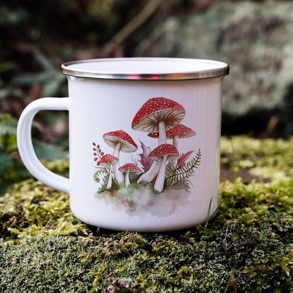 Watercolor Red Amanita Mushrooms Metal Camping Mug - Unique Hand Painted Artwork Backpacking Gift -Sturdy Lightweight Outdoor Campfire Cup