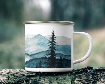 Watercolor Art Mountain Landscape Camping Mug, Unique Nature Lovers Adventure Backpacking Gift, Sturdy Outdoor Hiking Campfire Cup