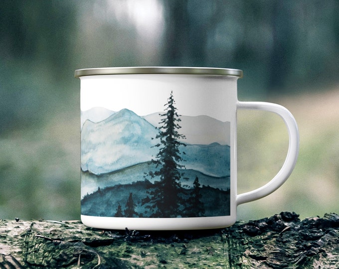 Watercolor Art Mountain Landscape Camping Mug, Unique Nature Lovers Adventure Backpacking Gift, Sturdy Outdoor Hiking Campfire Cup