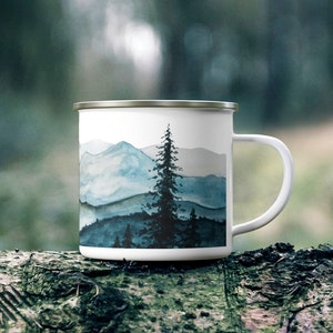 Watercolor Art Mountain Landscape Camping Mug, Unique Nature Lovers Adventure Backpacking Gift, Sturdy Outdoor Hiking Campfire Cup