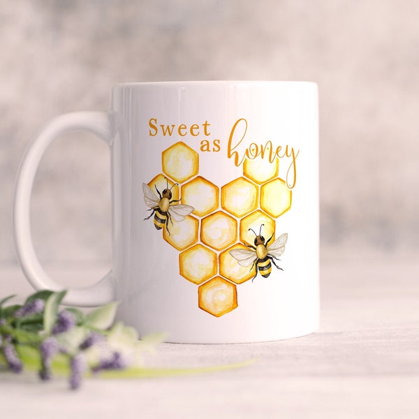 Sweet as Honey bees and hive coffee mug gift with hand painted watercolor art honeycomb & honey bees, cute gift for partner, mom, bee lover