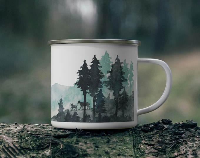 Watercolor Deer in Misty Forest Landscape Camping Mug - Unique Nature Lovers Backpacking Gift - Sturdy Outdoor Campfire Cup- Lightweight Mug