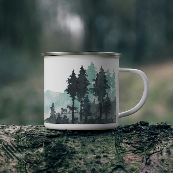 Watercolor Deer in Misty Forest Landscape Camping Mug - Unique Nature Lovers Backpacking Gift - Sturdy Outdoor Campfire Cup- Lightweight Mug