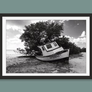 Shipwreck Boat Photography Print: Black and White Coastal Wall Art