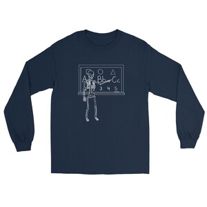 Skeleton Pre-School/Elementary School Teacher and Chalkboard Long Sleeve Cotton Unisex T-shirt, “Back to School - ABCs and 123”