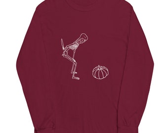 Skeleton, Knife, and Pumpkin Long Sleeve Cotton Halloween Unisex T-shirt, “Hey There Pumpkin”