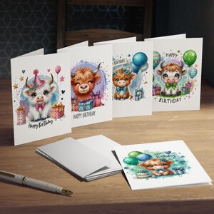 Set di biglietti di auguri di compleanno con mucca delle Highlands - Confezione da 5, biglietti di auguri, cancelleria,