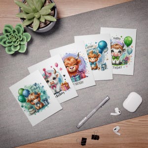Set di biglietti di auguri di compleanno con mucca delle Highlands - Confezione da 5, biglietti di auguri, cancelleria,