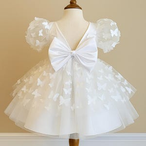 White 3D Butterfly Knee Length Tulle V-Back Flower Girl Modern Smash Cake Fairy Birthday Flower Girl Spring Easter Summer Toddler Dress