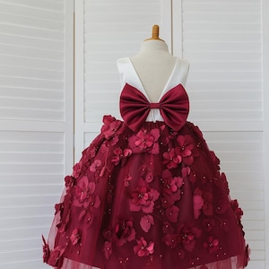 Flower Girl Elegant Ivory Bodice 3D Floral Burgundy V-Back Ankle Length Toddler Junior Pageant Church Bridesmaid Girl Pageant Fall Dress