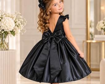 Black Satin Flower Girl Dress: V-Back, Big Bow, Knee Length