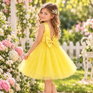 Vestido amarelo de tule com 4 camadas para daminha de honra: decote em V nas costas, pérolas, laço de cetim, comprimento até o joelho (tamanho infantil).