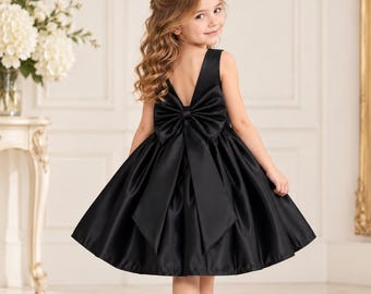 Satin Black Elegant V-Back Knee Length Wedding Flower Girl Summer Birthday Photoshoot Dress