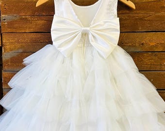 Ivory Tulle Ruffle Layered V-Back Flower Girl Bridesmaids Summer Winter Wedding Toddler Junior Birthday Elegant Beaded Ankle Length Dress