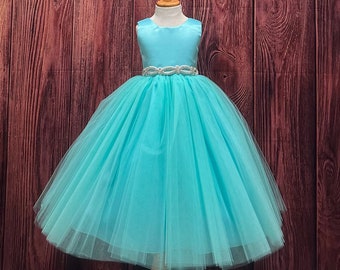 Aqua élégant longueur cheville 4 couches tulle strass princesse robe de bal anniversaire photoshoot Smash gâteau mariage fleur fille robe pour tout-petit