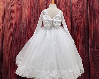 White Floral Vintage Lace Long Sleeve Ankle Length V-Back Infant Toddler Junior Girl Church Baptism Communion Ball Gown Flower Girl Dress