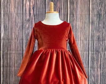 Burnt Orange Elegant  Long Sleeve Velvet Christmas Fall Wedding Birthday Girl V- Back Church Photoshoot Infant Toddler Girl Dress