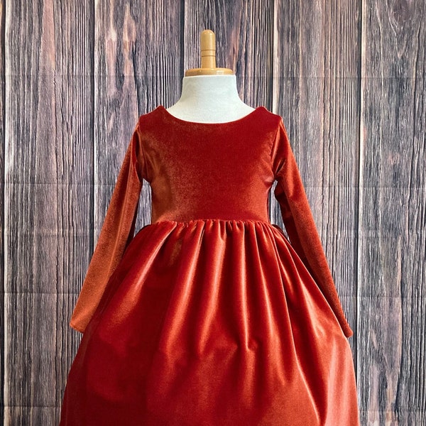 Burnt Orange Elegant  Long Sleeve Velvet Christmas Fall Wedding Birthday Girl V- Back Church Photoshoot Infant Toddler Girl Dress