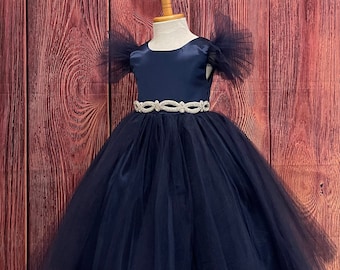 Navy Blue Tulle Ankle Length Summer Flower Girl Wedding Birthday Princess Fall Winter Toddler Girl Photoshoot Ball Gown Girl Dress