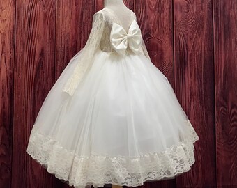 Vestido de novia de encaje floral vintage color marfil para invierno, para niña de las flores, con espalda en V y tobillo, para cumpleaños, comunión, bautismo, para niña pequeña