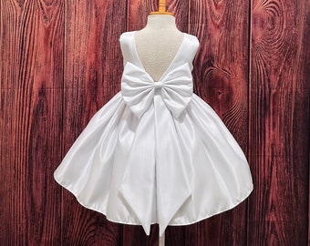 White Satin Elegant Knee Length V-Back Big Bow Communion Flower Girl Baptism Wedding Summer Confirmation Birthday Infant Toddler Girl Dress