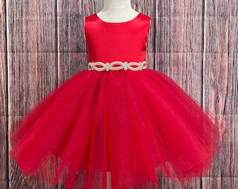 Red 4 Layer Tulle Elegant Knee Length Summer Flower Girl Fall Winter Infant Toddler Junior Church Photoshoot Pageant Girl Birthday Dress