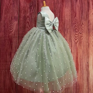 Sage Elegant Wedding V-Back Pearl Tulle Flower Girl Big Bow Ankle Length Toddler Girl Trendy Junior Ball Gown Pageant Church Birthday Dress