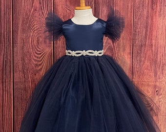 Navy Blue Tulle Satin Ankle Length Wedding Flower Girl Birthday Rhinestone Toddler Ball Gown Dress